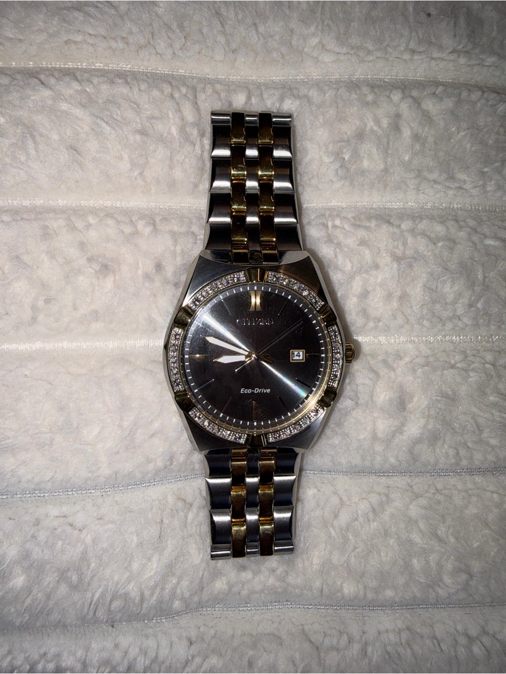 Citizen Two-Tone Silver and Gold Men's Eco-Drive Watch with Black Dial